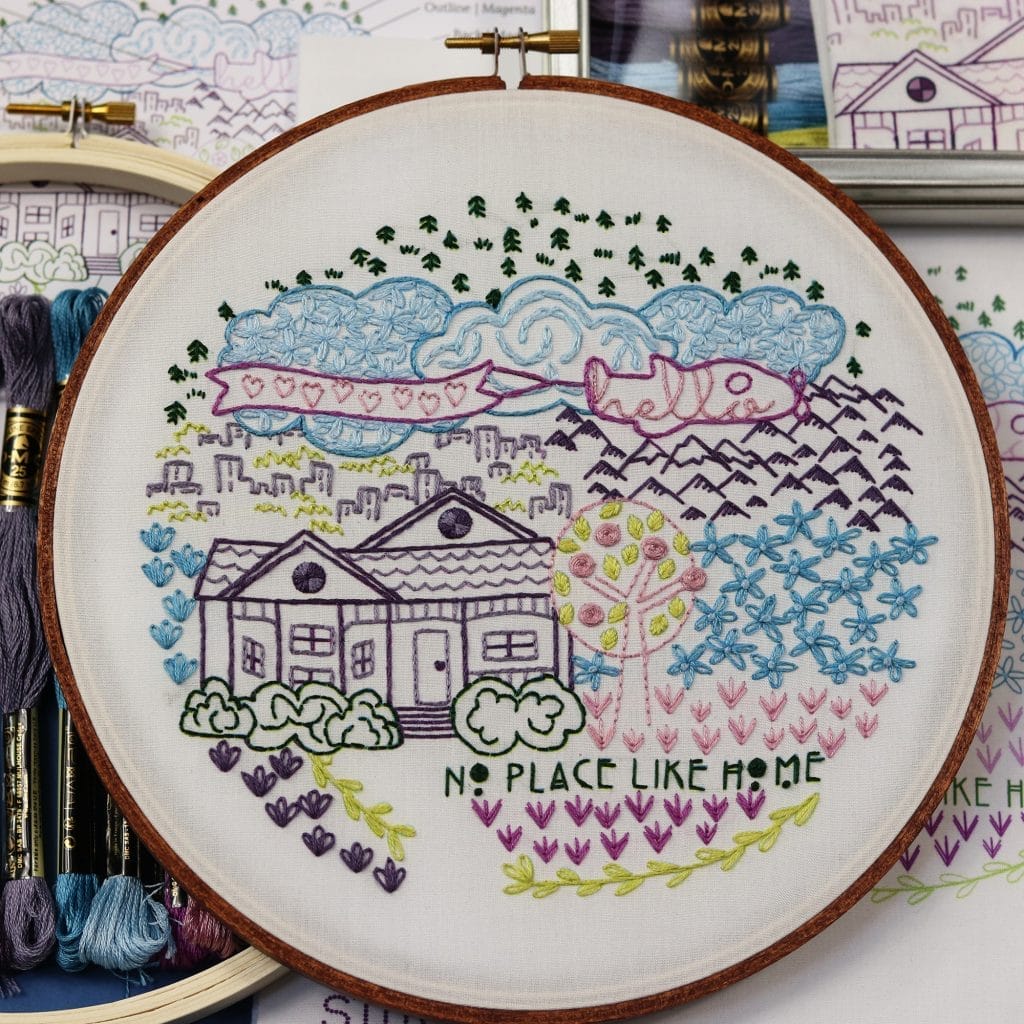 home-inspired embroidery kit with tin, fabric pattern, hoop and embroidery floss