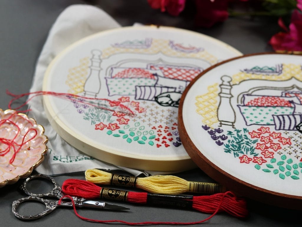 home-inspired embroidery hoop art with embroidery floss, and scissors.