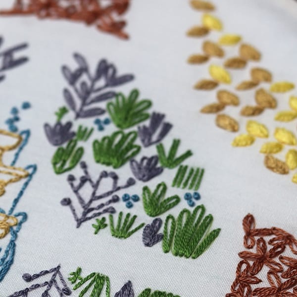 In Formal Garden the Lazy Daisy stitch is used in a variety of sizes and combinations to render flowers and greenery.
