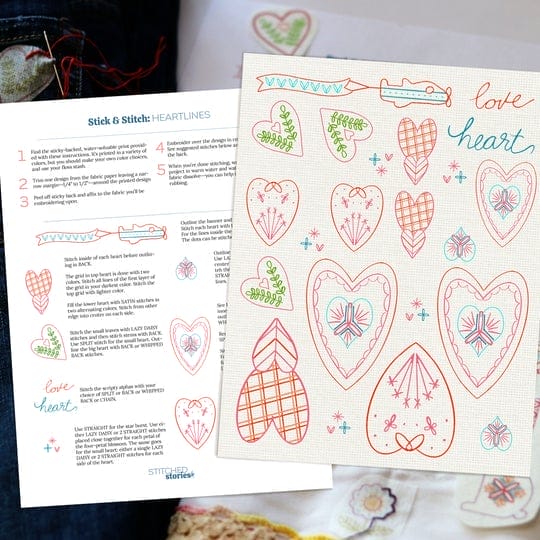 Heart motif embroidery patterns from Stitched Stories. Printed to sticky-backed water-soluble fabric. Wash it away after embroidering.