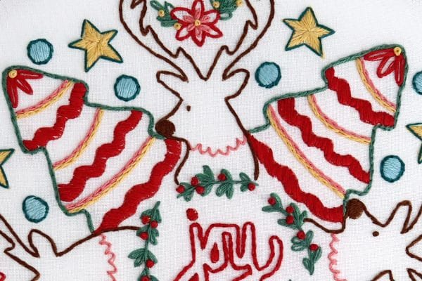 closeup of embroidery project with chain stitch garlands on Christmas trees