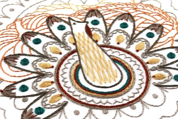 closeup of thanksgiving themed embroidery project where chain stiches are used to create rich borders 