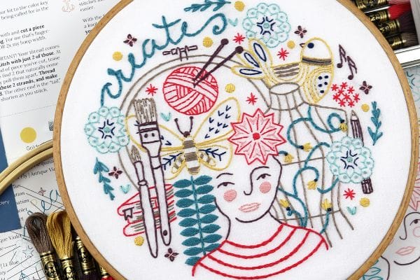 Creativity-themed embroidery pattern that uses the chain stitch for swirls, borders and lettering.
