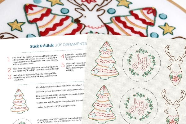 diy embroidered holiday ornaments pattern with trees, wreaths and reindeer