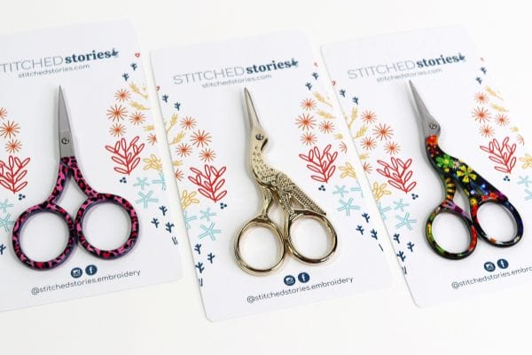 assortment of embroidery scissors, cheetah snips, floral stork and classic gold stork too. 
