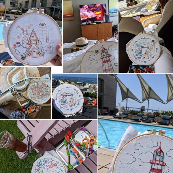 collage of embroidery projects stitched while on vacation, poolside, in the hotel on the airplane and in the car.