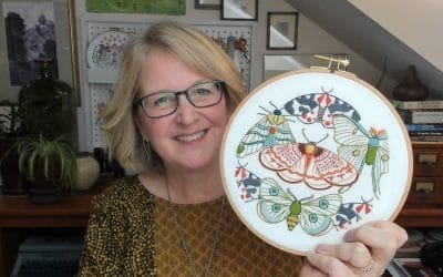 Embroidery kit design and stitch details for “Moths”