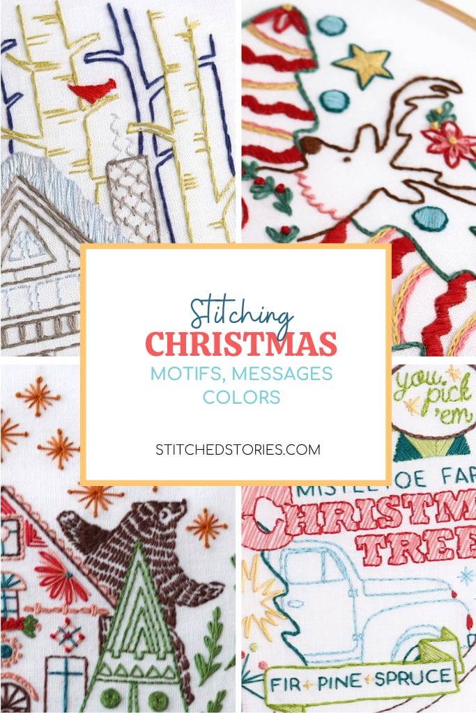 embroidered Christmas motifs, messages and colors, a blog post by Stitched Stories