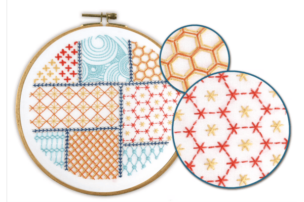embroidered patchwork in hoop and closeups