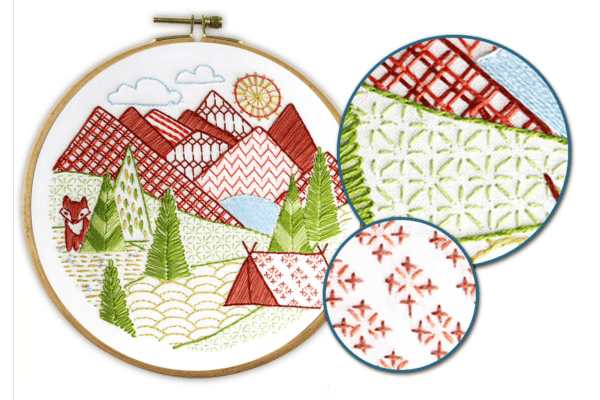 embroidered mountain landscape in hoop and closeups