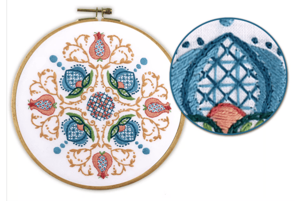 embroidered jacobean florals in hoop and closeups