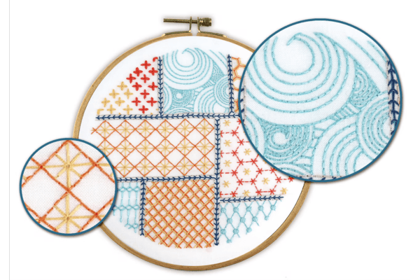 embroidered patchwork in hoop and closeups