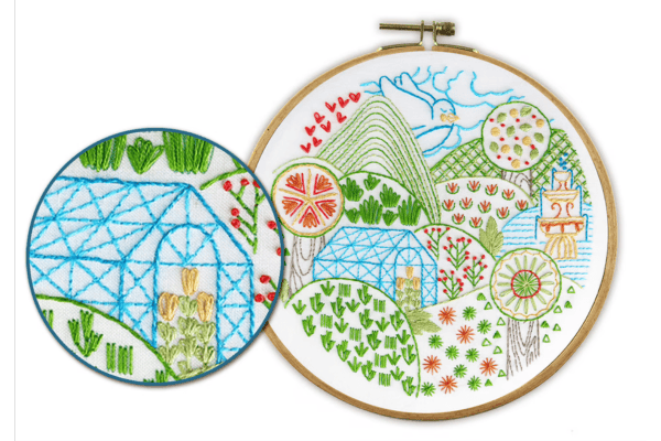 embroidered hills and orchards in hoop and closeups