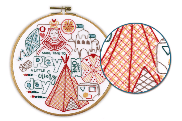 embroidered play-related motifs in hoop and closeups
