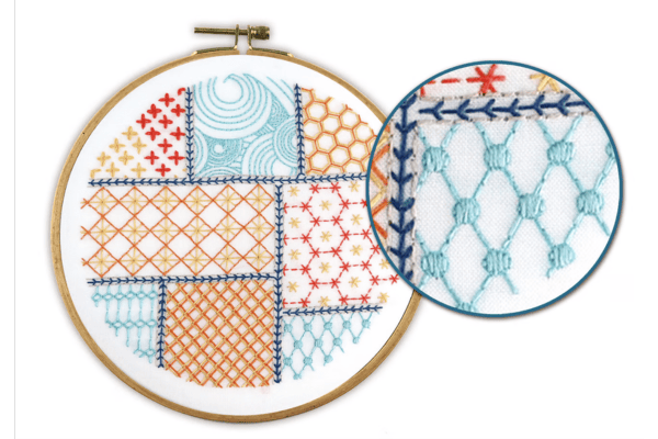 embroidered patchwork in hoop and closeups