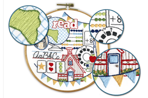 embroidered vintage school motifs in hoop and closeups