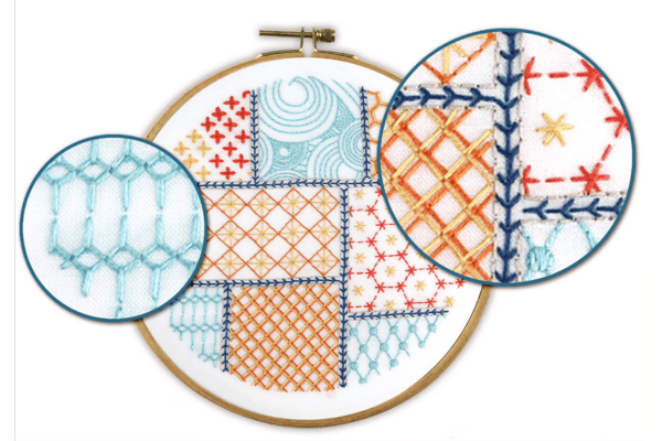 embroidered patchwork in hoop and closeups