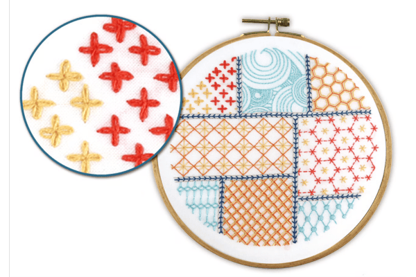 embroidered patchwork in hoop and closeups