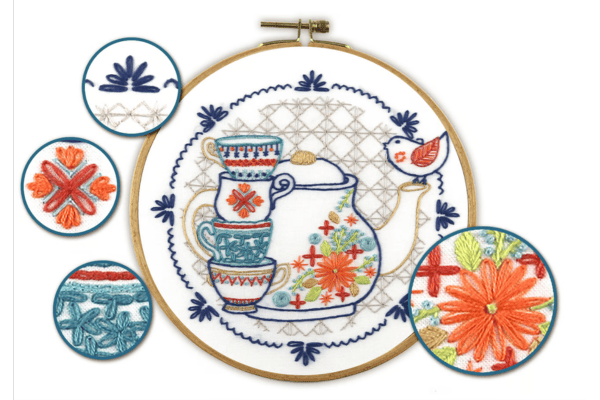 embroidered tea party in hoop and closeups