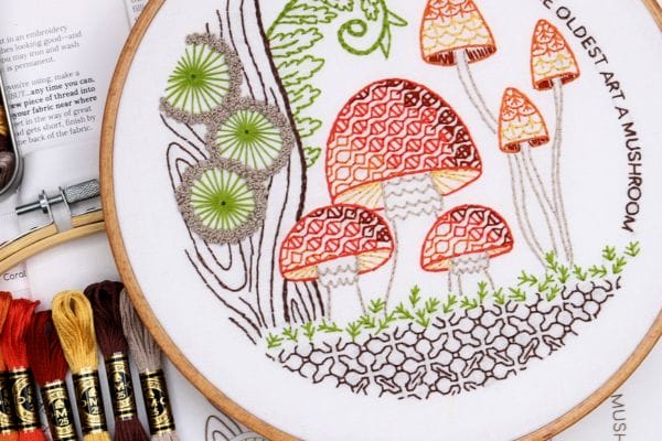 nature-themed embroidery kit with mushrooms and fungi