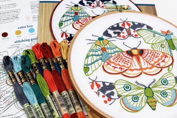embroidery kit with brightly colored moths 