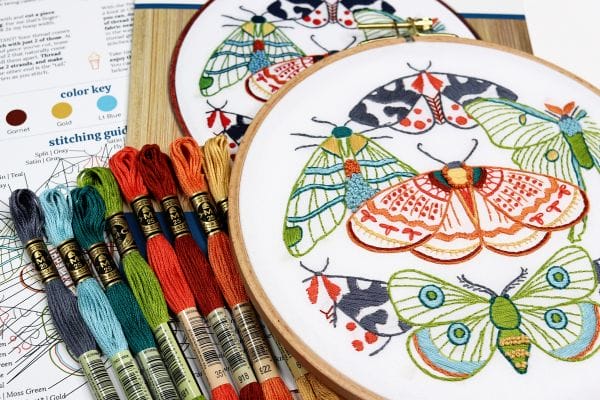 embroidery kit with brightly colored moths