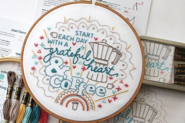 embroidery kit with coffee motif and saying