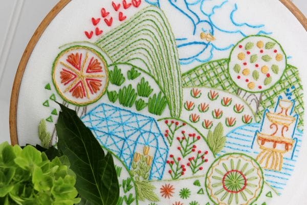 embroidered hills, orchards and greenhouse