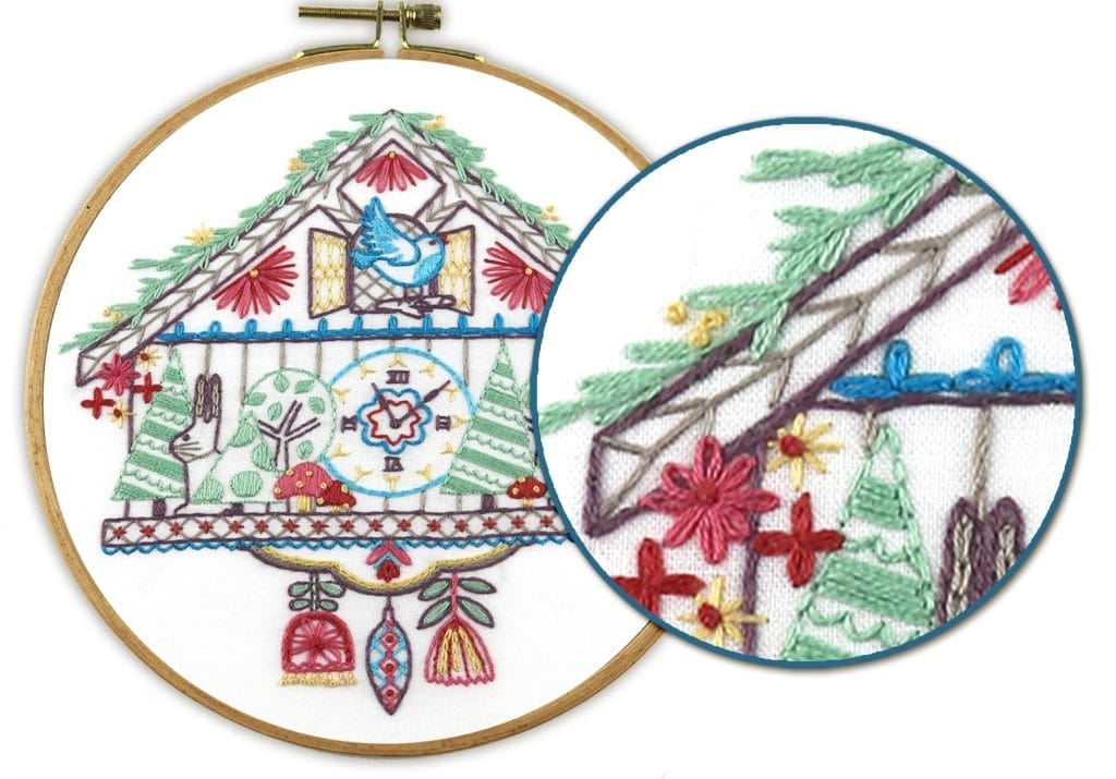 Fly stitch embroidery example in Cuckoo Clock