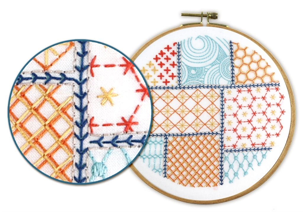 Fly stitch embroidery example in Patchwork