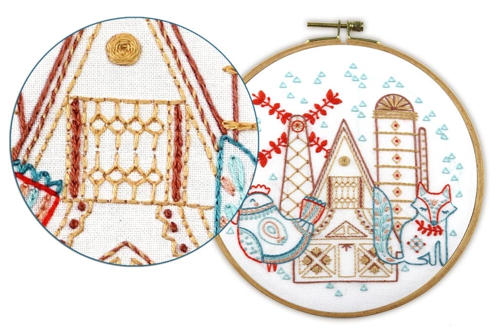 Fly stitch embroidery example in Hen and Fox