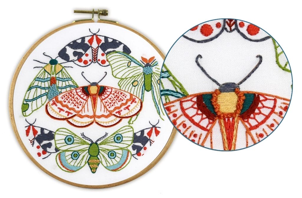 Fly stitch embroidery example in Moths