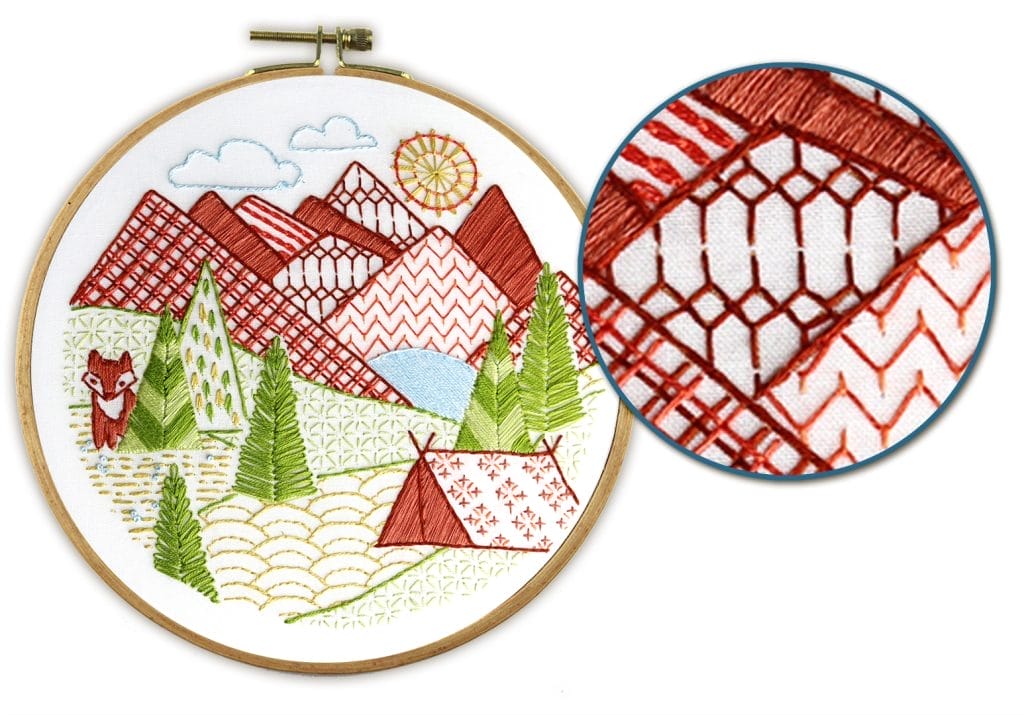 Fly stitch embroidery example in Mountain Time