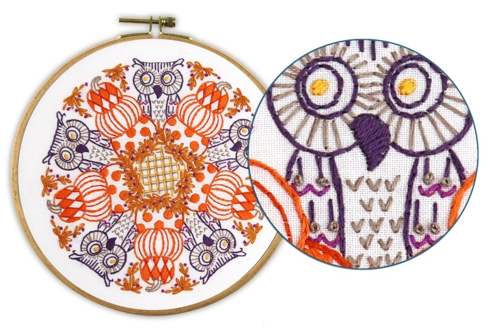 Fly stitch embroidery example in Pumpkins and Owls