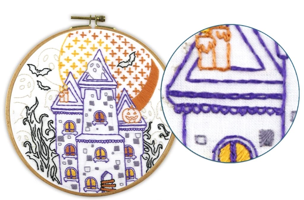 Fly stitch embroidery example in Spooky House