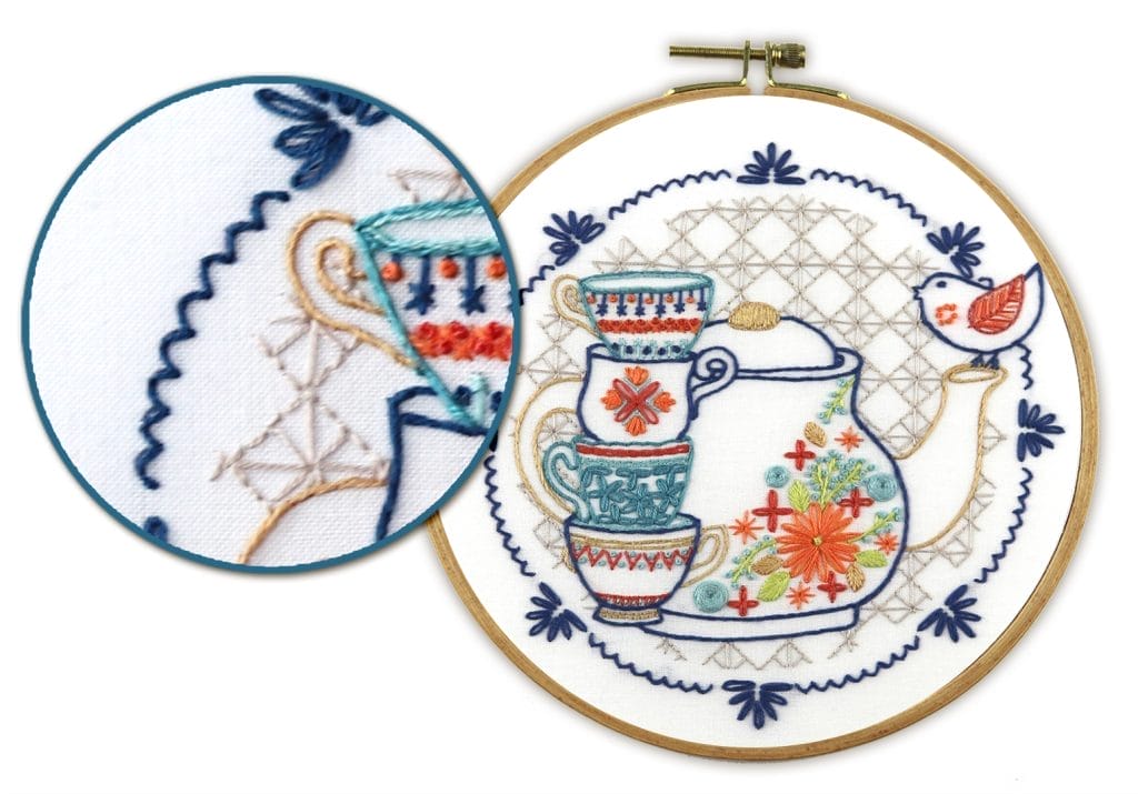 Fly stitch embroidery example in Tea Party