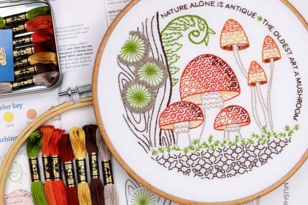 Embroidered hoop art of mushrooms