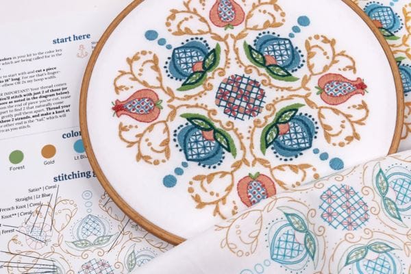 Embroidered hoop-art of Jacobean flowers.