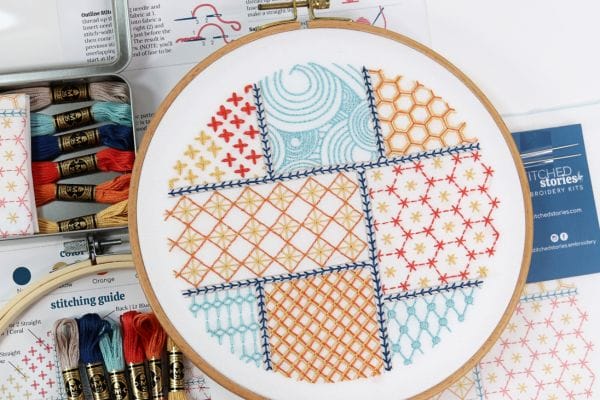 Hoop art embroidery with colorful patchwork design.