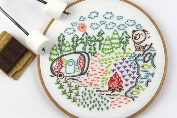 embroidery project with camping, fishing and wildlife