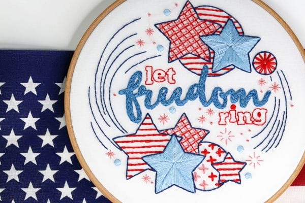 embroidery project with patriotic saying and stars and stripes