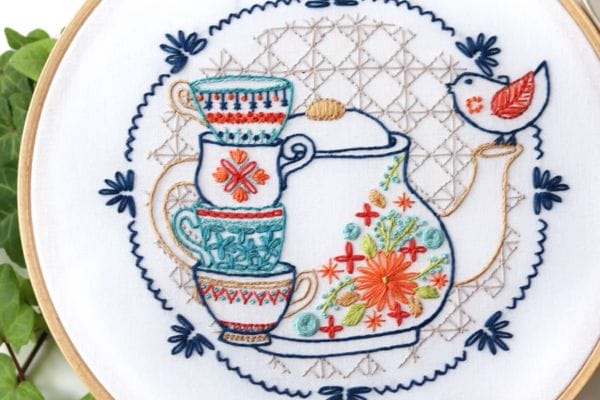 Embroidered hoop-art of tea party