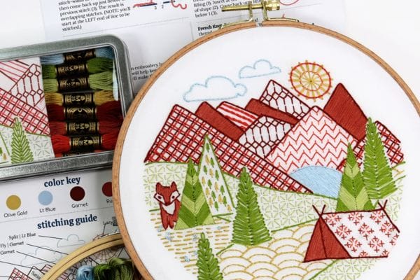 Embroidered hoop art of mountain camping