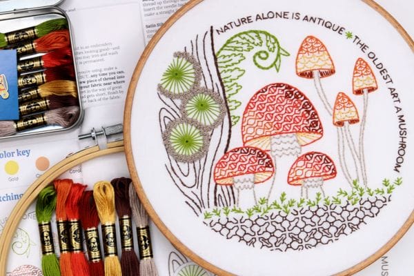 Embroidered hoop art of mushrooms
