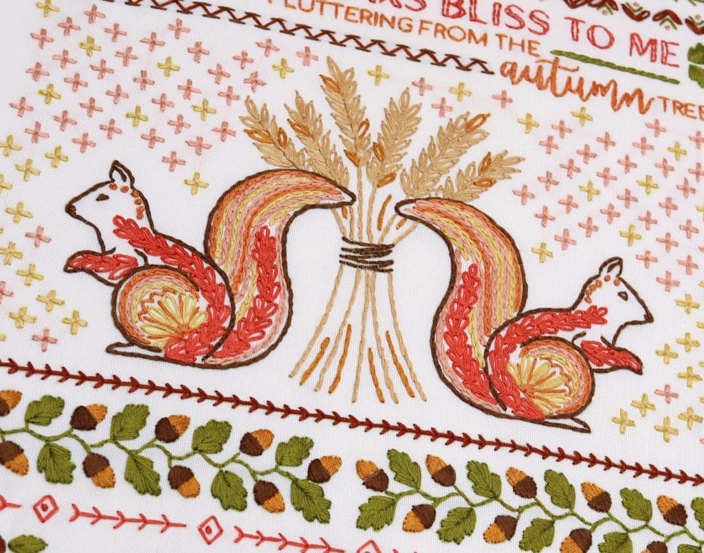 fall embroidery sampler with squirrels and acorns