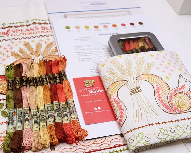 Fall embroidery stitch sampler kit with embroidery floss, printed guide and pattern printed to heavy linen cotton