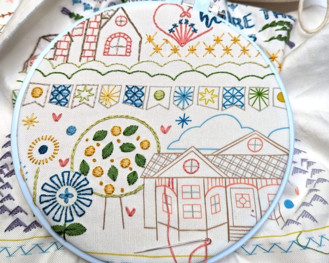 Embroidery in progress in hoop