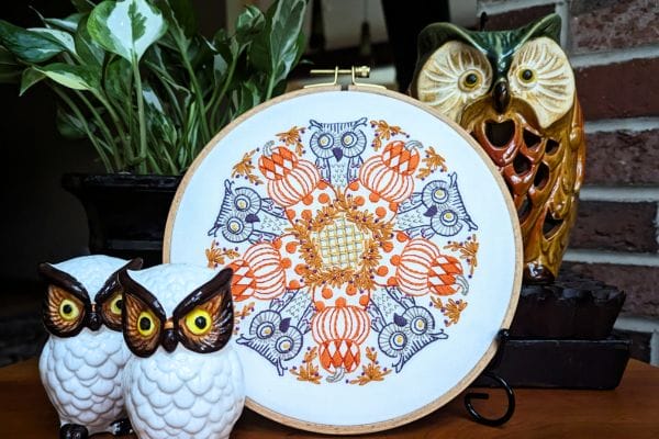 fall embroidery hoopart with pumpkins and owls