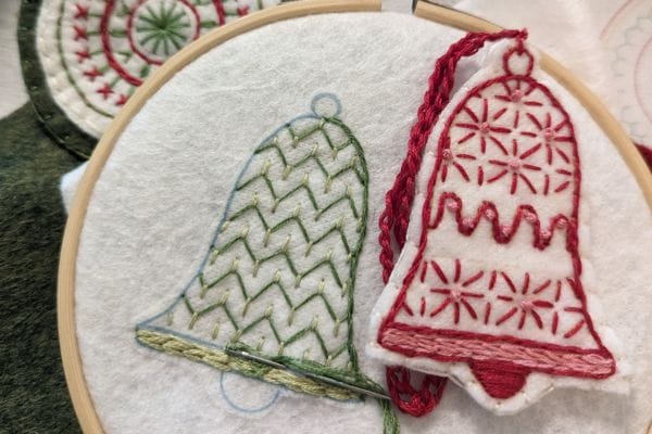 Embroidered bell ornaments, stitched on felt 