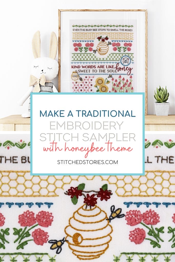 honeybee embroidery stitch sampler blog title card